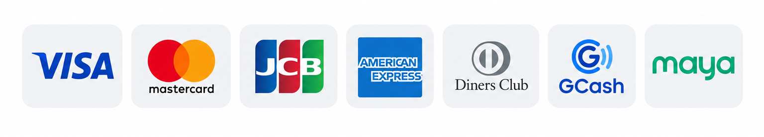 A digital graphic displaying 'Secure Payment' with a lock icon above a row of accepted payment logos, including VISA, Mastercard, JCB, American Express, Diners Club, GCash, and Maya, on a plain white background.